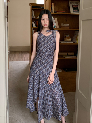 美式复古深蓝色格子挂脖连衣裙女