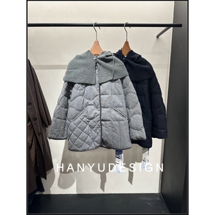 【韩钰DESIGN】 休闲菱格纹披肩羊毛呢子90白鸭绒羽绒服外套女