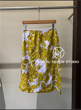【韩钰DESIGN】26夏季新款 桑蚕丝黄色艺术印花半身裙女