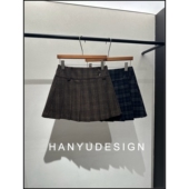 韩钰DESIGN 复古格纹羊毛蚕丝百褶裙半身裙短裙女
