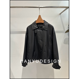 绵羊皮黑色复古机车风翻领皮衣女 26早春新款 韩钰DESIGN