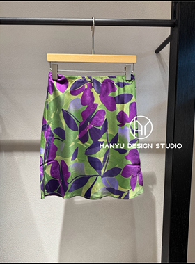 【韩钰DESIGN】26夏季新款 桑蚕丝紫色艺术感印花A字半身裙女