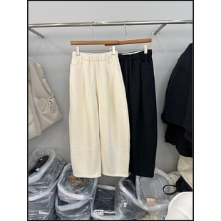 韩钰DESIGN 卫裤 经典 休闲裤 女 纯色松紧腰羊毛呢子阔腿弯刀裤