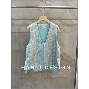 蓝色桑蚕丝复古国风盘扣深V领马甲女 26早春新款 韩钰DESIGN