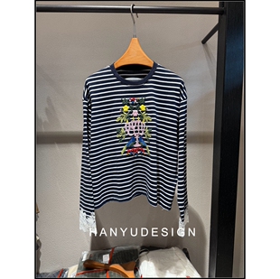 纯棉花卉刺绣条纹拼接蕾丝长袖 26早春新款 T恤女 韩钰DESIGN