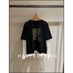 设计感手绘印花黑色拼接T恤 26早春新款 韩钰DESIGN