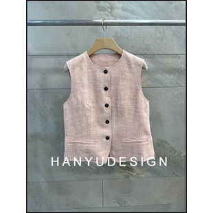 100%亚麻极简风圆领单排扣无袖 26早春新款 马甲女 韩钰DESIGN