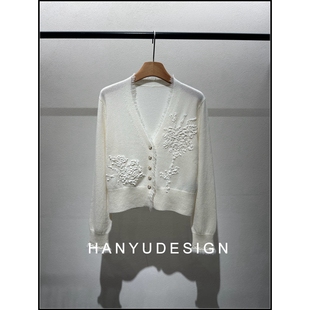 针织开衫 薄款 100%山羊绒重工刺绣V领长袖 女 韩钰DESIGN