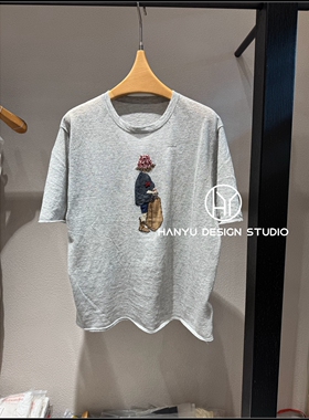 【韩钰DESIGN】26夏季新款 灰色休闲风卡通印花短袖T恤女