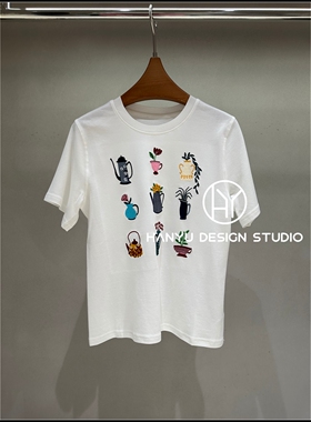 【韩钰DESIGN】26夏季新款 美式趣味盆栽刺绣短袖T恤女