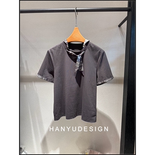灰色韩系印花丝带短袖 26早春新款 T恤女 韩钰DESIGN