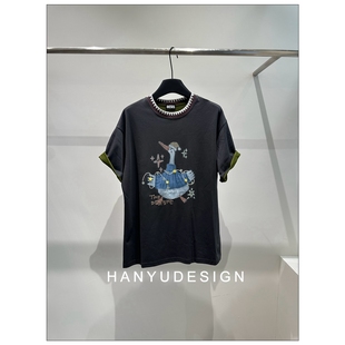 T恤女 韩钰DESIGN 现货25早秋新 设计精致刺绣圆领短袖