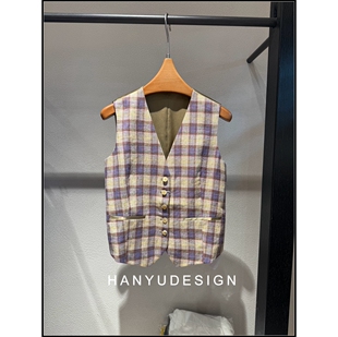 100%亚麻英伦老钱风格 26早春新款 纹马甲女 韩钰DESIGN