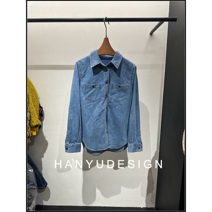 【韩钰DESIGN】 休闲风翻领双口袋长袖百搭牛仔衬衫女