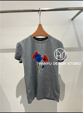 【韩钰DESIGN】26夏季新款 灰色修身卉印花短袖T恤女