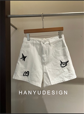 【韩钰DESIGN】26夏季新款 白色高腰小怪兽刺绣牛仔短裤女