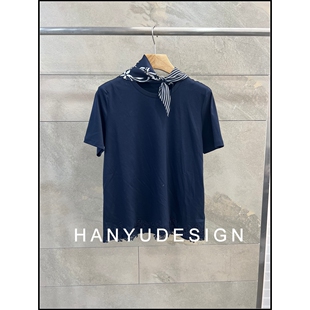 100%桑蚕丝藏蓝色短袖 26早春新款 T恤女 韩钰DESIGN