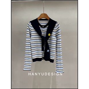 羊毛韩系披肩海军风条纹长袖 26早春新款 T恤女 韩钰DESIGN