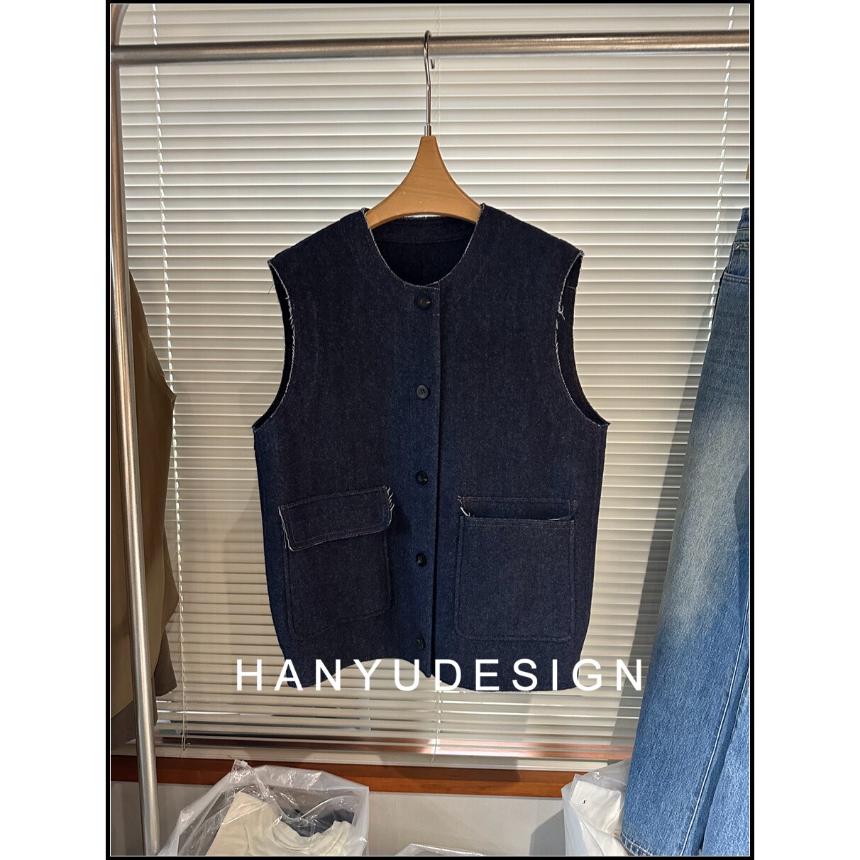 【韩钰DESIGN】 设计感毛边无袖开衫双面羊毛呢子马甲