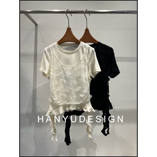亚麻休闲风蕾丝拼接两件短袖 26早春新款 T恤女 韩钰DESIGN