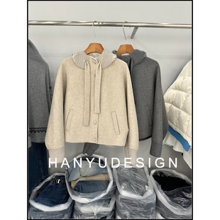 温柔韩系风连帽毛呢90白鹅绒服羽绒服外套女 韩钰DESIGN