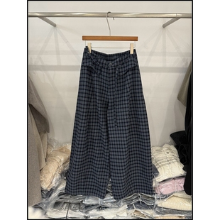 女显瘦百搭休闲裤 复古格纹阔腿裤 深色格纹长裤 韩钰DESIGN