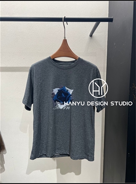 【韩钰DESIGN】26夏季新款 灰色时尚圆领花朵印花短袖T恤女
