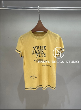 【韩钰DESIGN】26夏季新款 黄色美式修身复古印花短袖T恤女