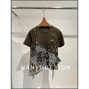 亚麻复古拼接风假两件短袖 26早春新款 T恤女 韩钰DESIGN