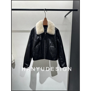 鹅绒皮衣纯色简约高级感轻奢保暖拉链女 韩钰DESIGN