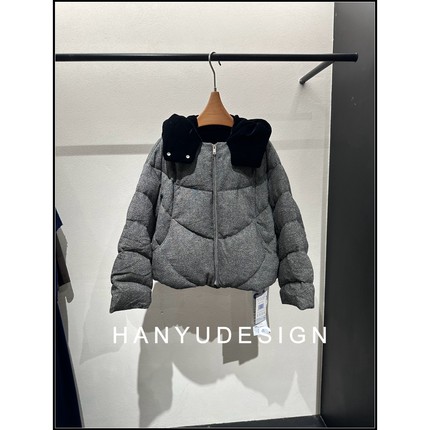 【韩钰DESIGN】 100%绵羊毛洋气花纱连帽90白鹅绒羽绒服外套女