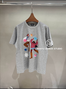 【韩钰DESIGN】26夏季新款 灰色纯棉卡通印花短袖T恤女