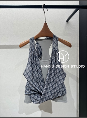 【韩钰DESIGN】26夏季新款 韩系复古格纹拼接挂脖背心女