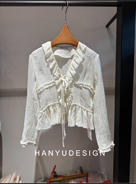 【韩钰DESIGN】26早春新款 100%亚麻法式荷叶边V领系带衬衫女