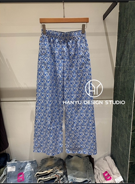 【韩钰DESIGN】26夏季新款 蓝色碎花高腰显瘦直筒休闲裤女