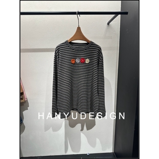 针织衫 饰长袖 100%羊毛设计感圆领条纹花朵装 女 韩钰DESIGN