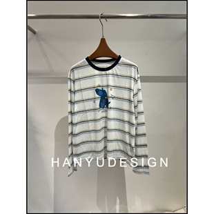 卡通印花条纹百搭长袖 26早春新款 T恤女 韩钰DESIGN