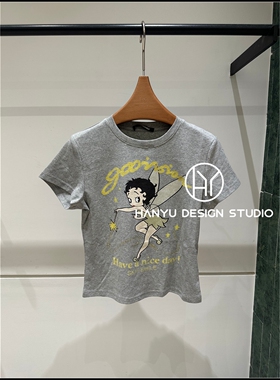 【韩钰DESIGN】26夏季新款 灰色修身童趣印花短袖T恤女