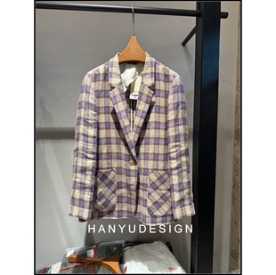 100%亚麻文艺复古格纹西装 26早春新款 外套女 韩钰DESIGN