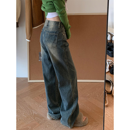 【LUZAI】美式复古垂坠感阔腿牛仔裤2023年秋冬新款宽松拖地长裤