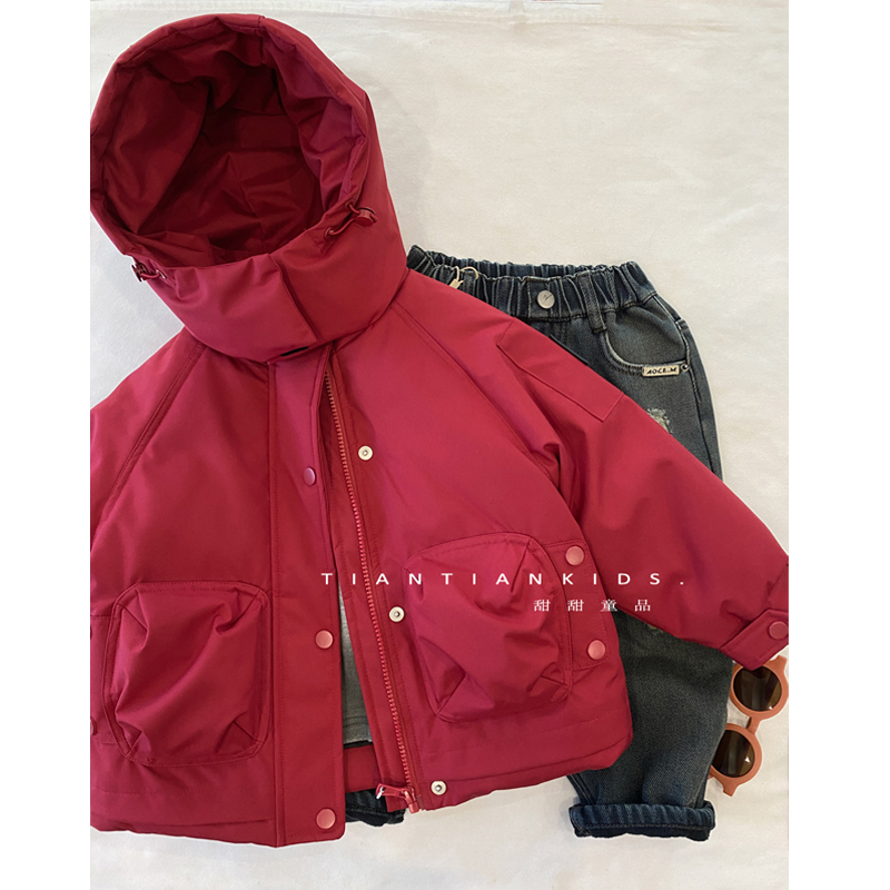 【我是小中童】韩范印字羽绒服男童冬90白鸭绒红色连帽拜年服女宝