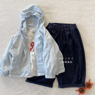 浅蓝连帽薄款 小童90 130码 韩系上衣 外套男女宝拉链夹克拉链衫