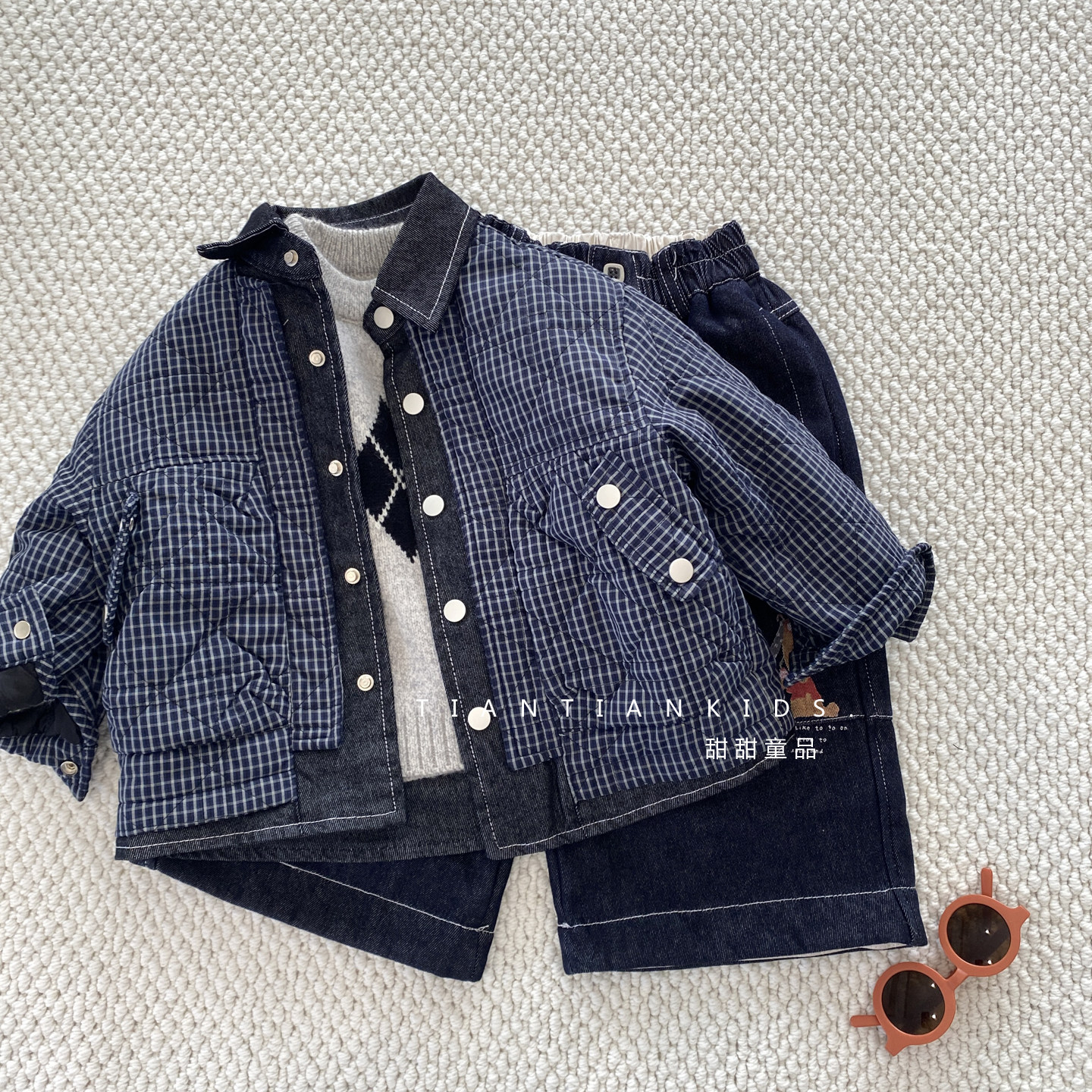 【小童尺码】男童牛仔拼接格子外套棉服冬季女宝韩系夹棉衬衣外套