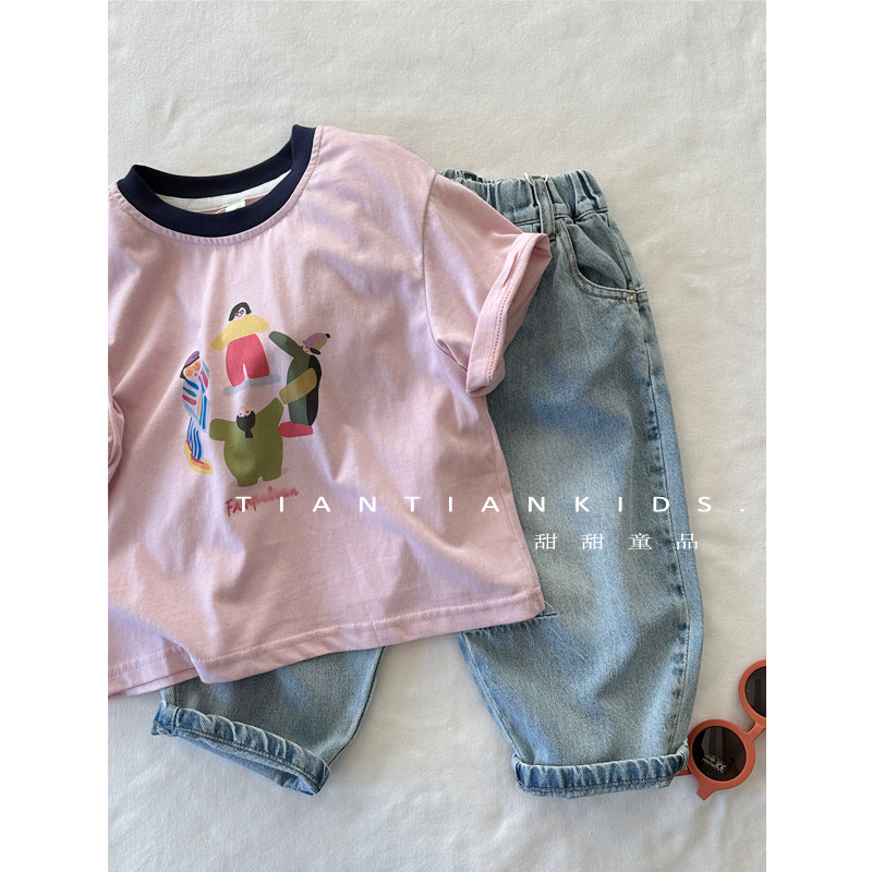 【我是小中童】韩版拼色卡通印花T恤男童春夏女宝棉圆领短袖上衣