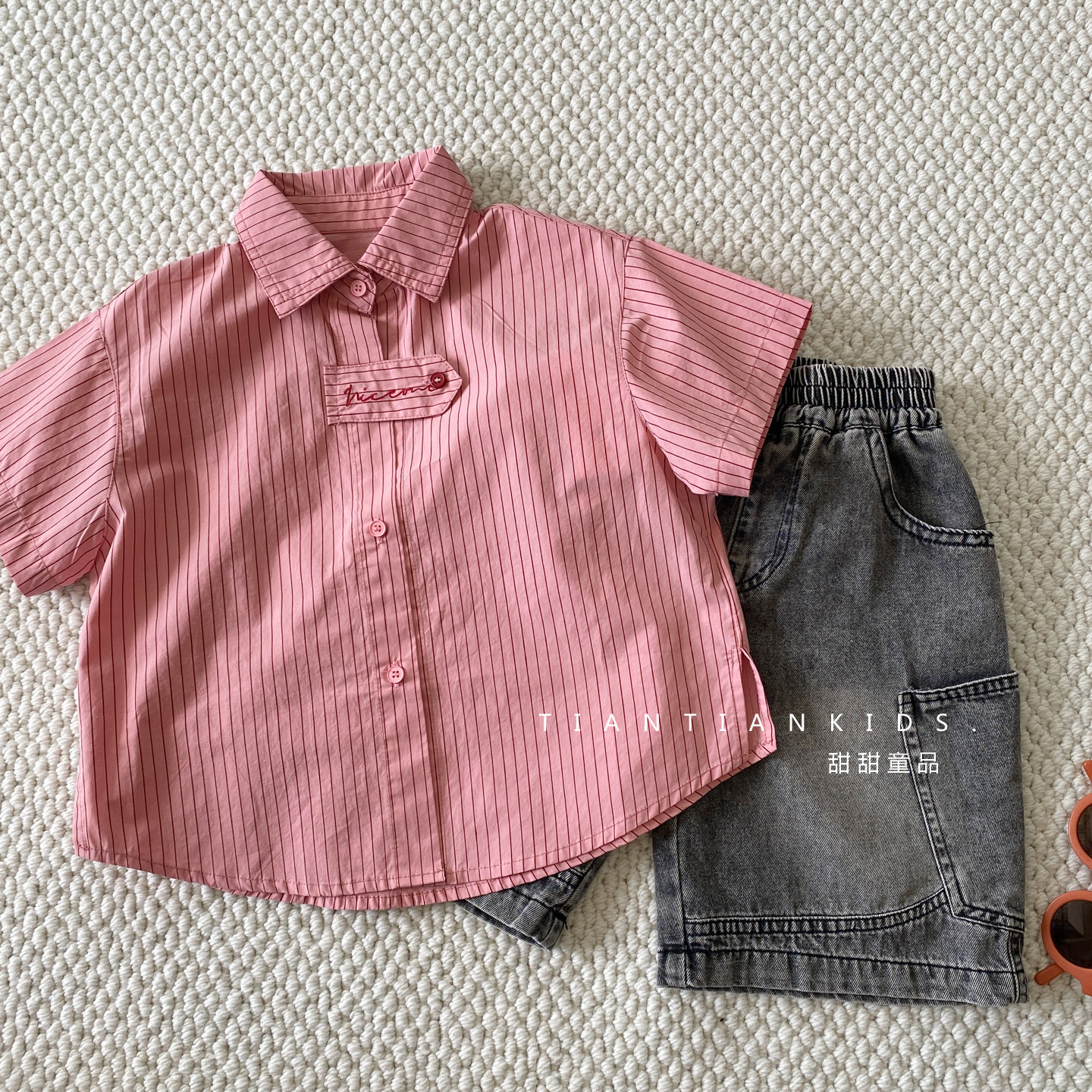 【小中童90-130码】韩范条纹短袖衬衫男女童潮流甜酷粉色衬衣夏款