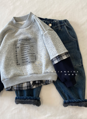 【小童90-130】男宝假两件套头蓝色卫衣加绒百搭上衣冬款女童绒衫