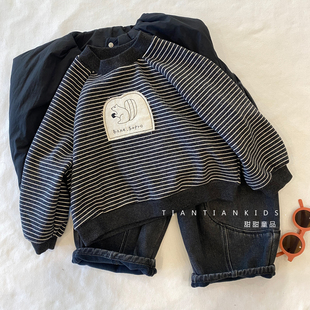 松鼠贴布条纹卫衣男童秋冬加绒洋气百搭圆领上衣 我是小童