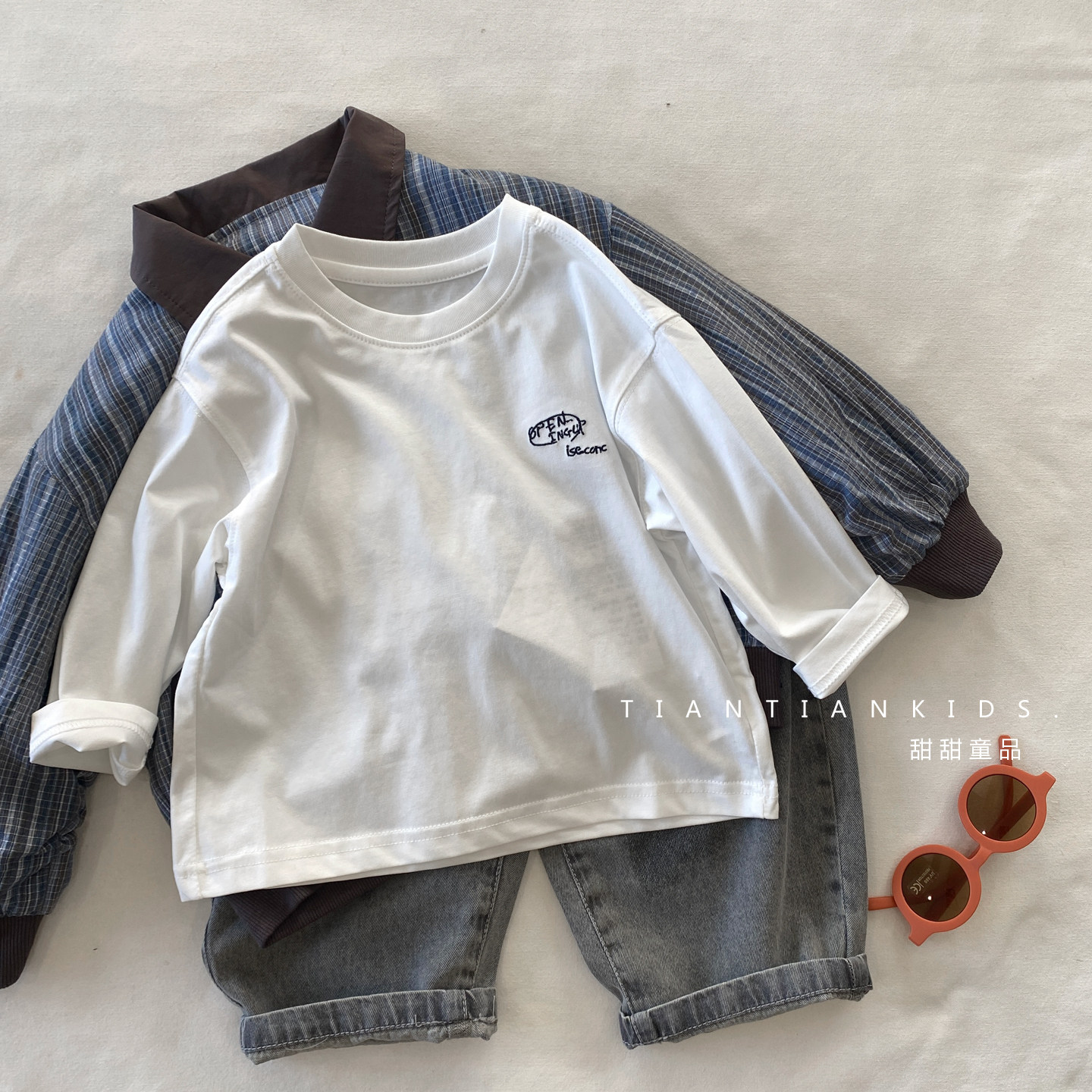 【小童90-130码】男童休闲白色T恤衫春秋款女宝纯色圆领棉打底衫