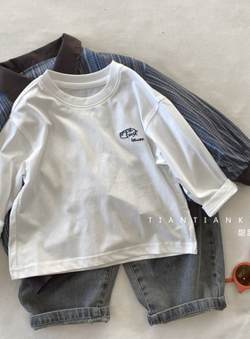 【小童90-130码】男童休闲白色T恤衫春秋款女宝纯色圆领棉打底衫