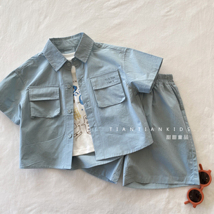 【小童90-130码】蓝色休闲衬衫套装男童翻领短袖短裤夏季新款女童